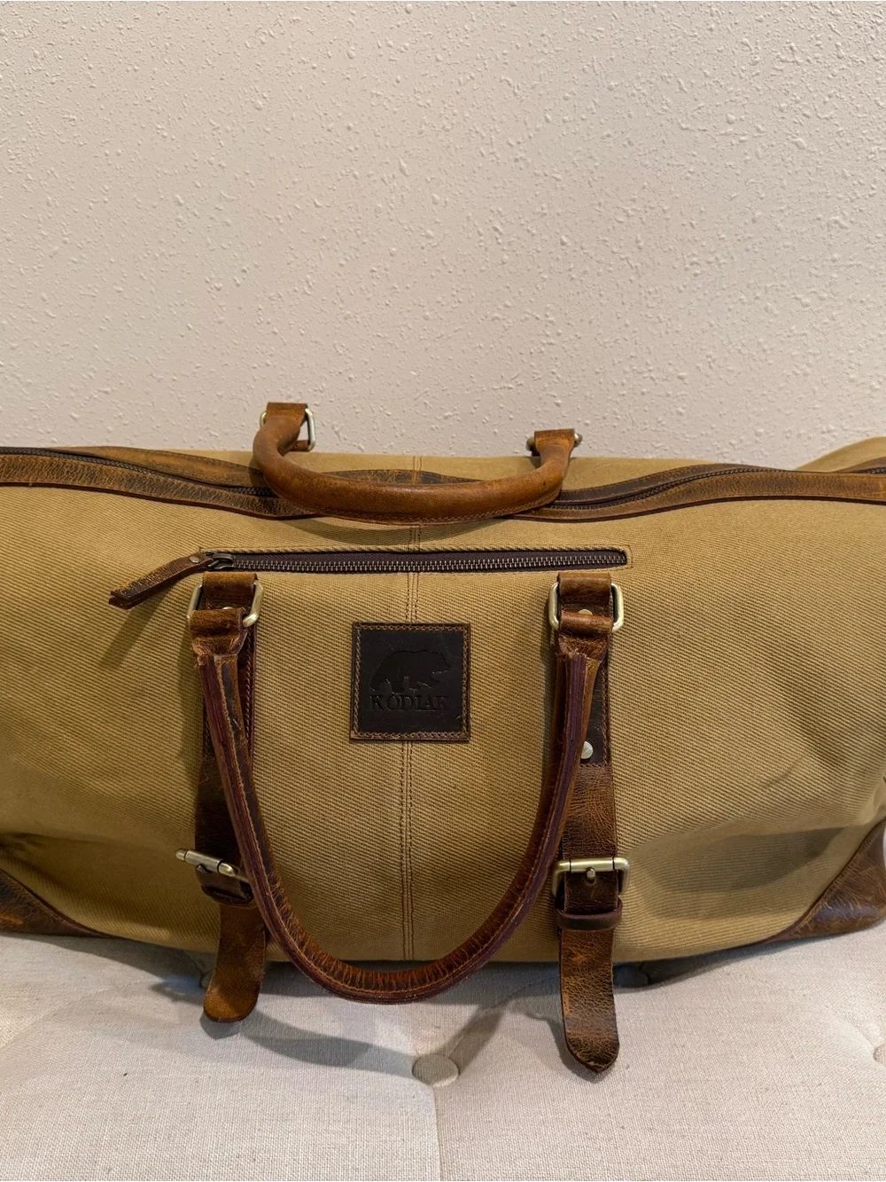 Kodiak Tan Canvas Duffel with Brown Leather Trim